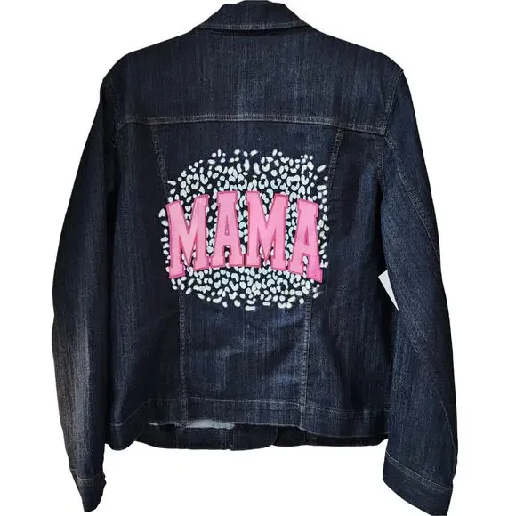 Mama Leopard Design Custom Upcycled Jean Jacket, Women's L
